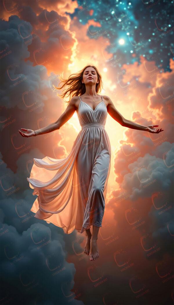 A woman in a white dress flying through the sky